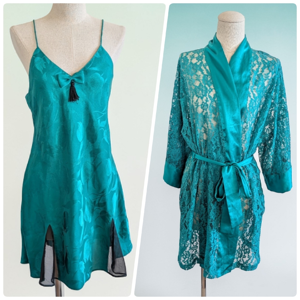 VTG Victoria's Secret Gold Label Teal Satin Lingerie Set Coquette Sexy Retro